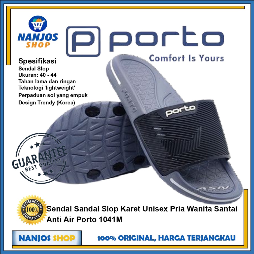 Sendal Sandal Slop Karet Unisex Pria Wanita Santai Anti Air Porto 1041M