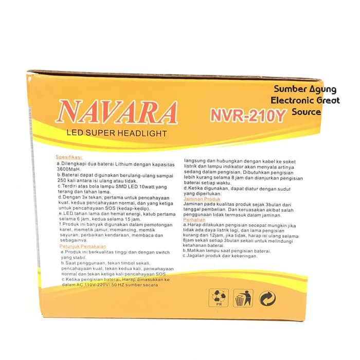 Senter Kepala Navara NVR210Y SMD LED 10W 10 Watt Kuning Cahaya