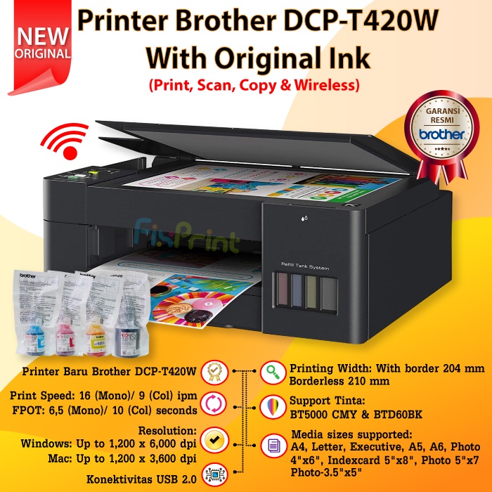 Printer Brother DCP-T520W T520 T220 T420 T420w T720 T720w WiFi Print Scan Copy Tinta D60Bk BT5000