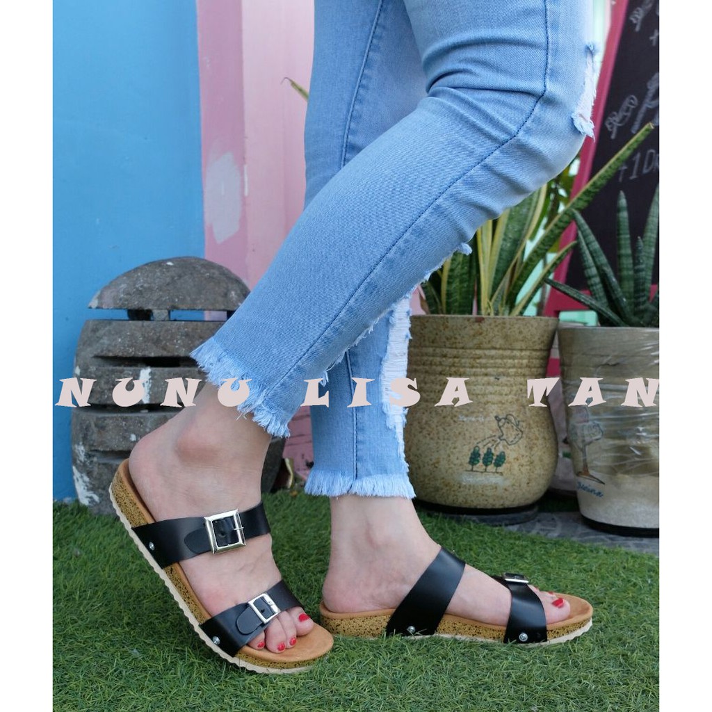 NunuLisaTan - Termurah 2 Warna SEndal Selop Flat WANITA BIRKEN KOKOP Sintetis Hitam Putih