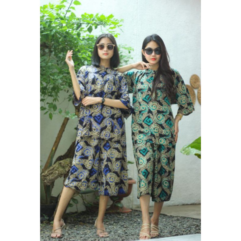 Setelan Batik Setelan Wanita Cap panjang pendek baju santai baju rumahan