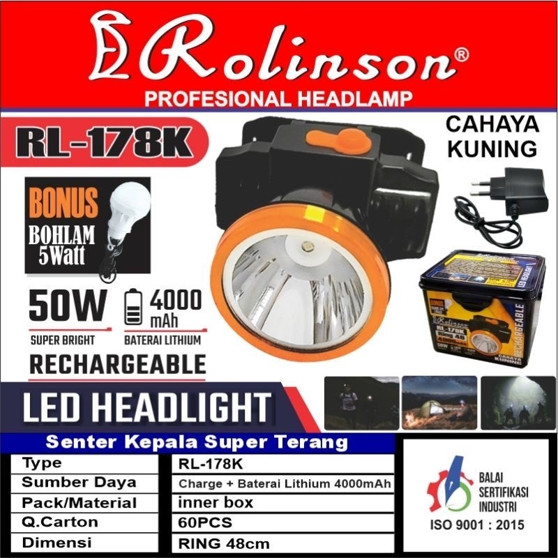 COD SENTER KEPALA LED PROFESSIONAL HEADLAMP RECHARGEABLE 50 WATT ROLINSON RL-178K CAHAYA KUNING 50 WATT BONUS BOHLAM 5 WATT