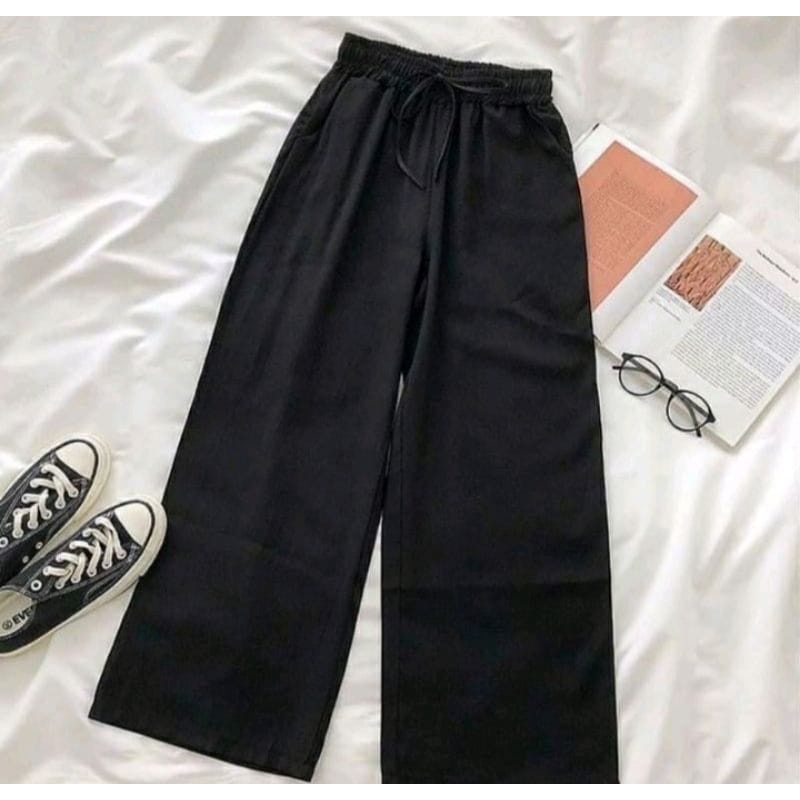 Celana Kulot Rayon Crincle Crinkle Airflow Panjang Wanita Premium Highwaist Loose Cullote Pants Homewear Jumbo Terbaru Kekinian-JAZZ CRINCLE hitam