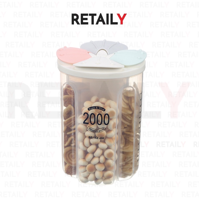 Retaily HL0225 Toples Plastik Transparan 4 Slot Empat Sekat 2000 ML Tempat Penyimpanan Makanan Kering Dapur