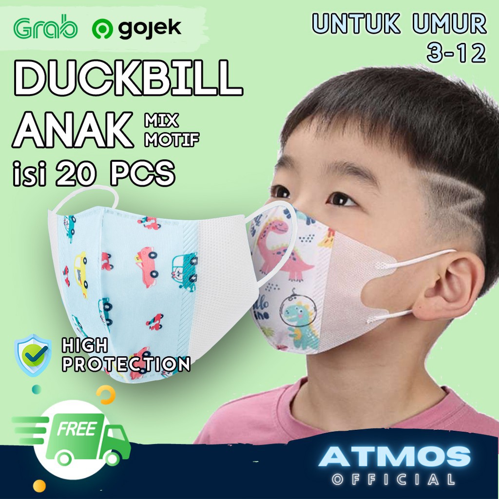 Masker Anak Duckbill isi 20 pcs Mix Motif - Masker Anak umur 3-12 tahun Disposable