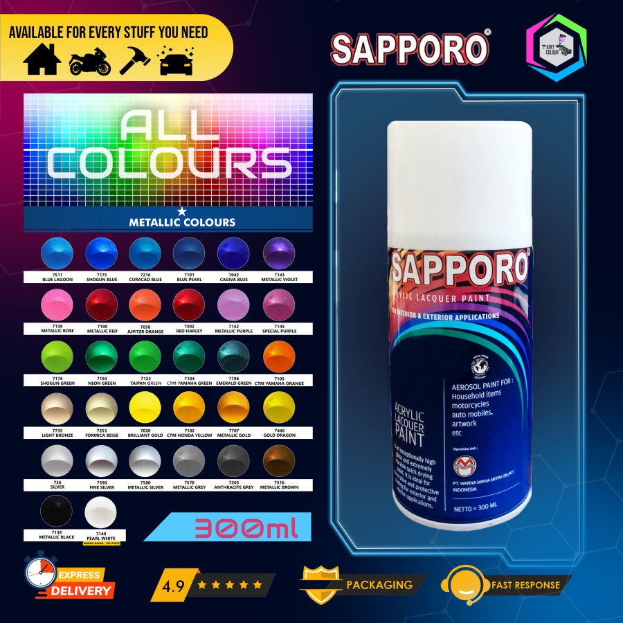 Cat Semprot SAPPORO Warna Metallic 300ml - All Colour Helm/Motor