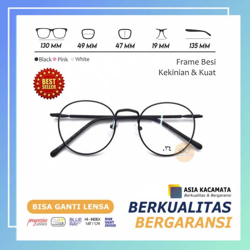 Kacamata Minus Besi Frame Vintage - Kacamata Bulat Pink Hitam Putih Metal Besi Kuat & Awet Frame F02