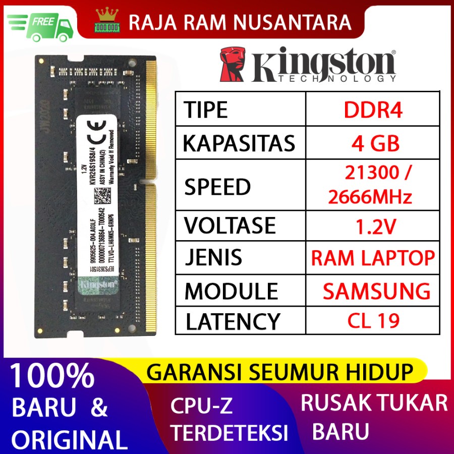 RAM LAPTOP KINGSTON DDR4 4GB 2666 MHz 21300 ORI GAMING RAM NB DDR4 8GB