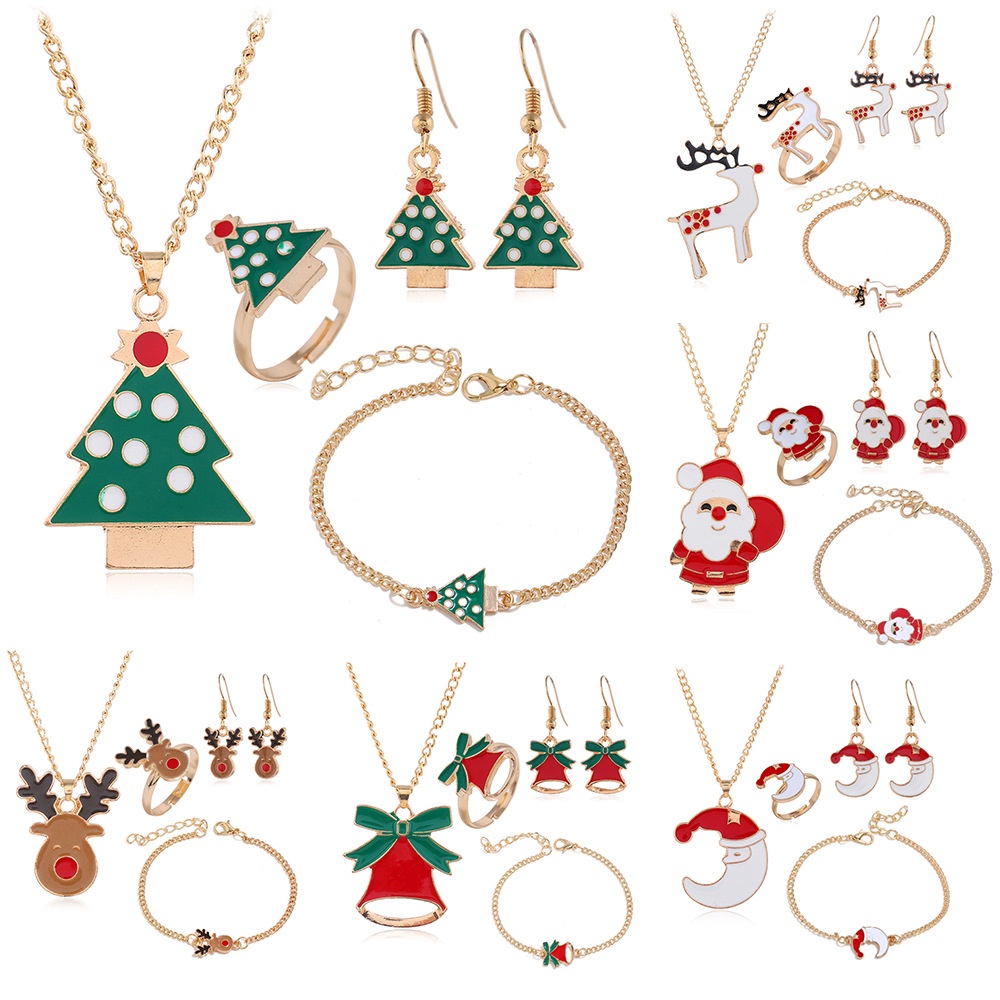 Eropa dan Amerika Natal set ornamen Santa Claus elk Bell kartun anting-anting kalung cincin gelang 4