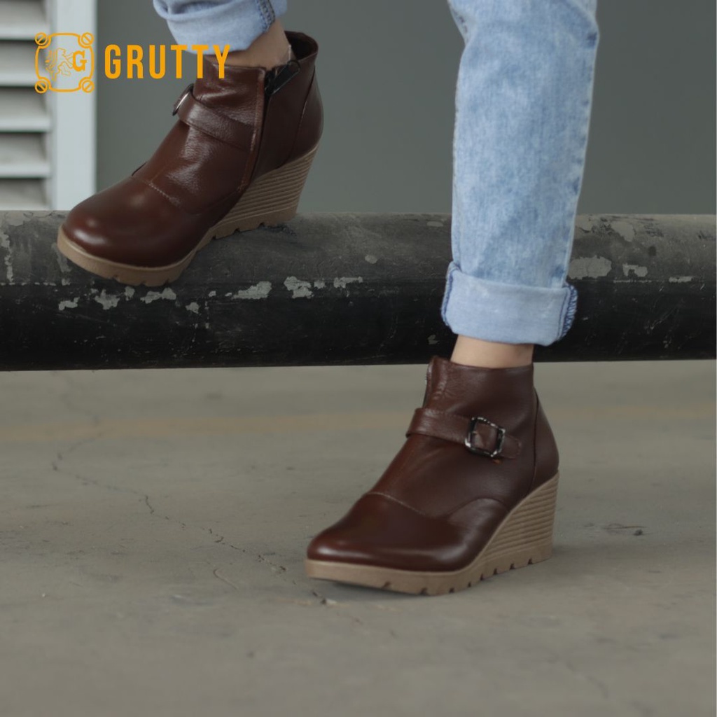 sepatu boots wanita hak tebal ankle wedges terbaru kulit asli Grutty IN151 Coklat