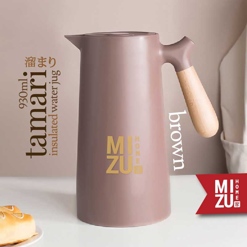 MIZU TAMARI 930ml Insulated Water Jug Teko Termos Kaca Air/Kopi/Teh Panas/Dingin Thermos Glass Jug-BROWN cokelat