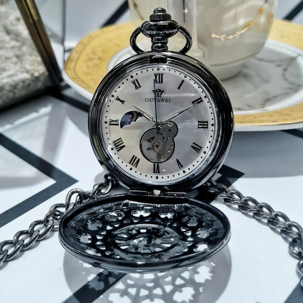 POCKET WATCH Jam Saku Kantong Courage Automatic Otomatis Mechanical Mekanik Skeleotn Hitam Putih Man