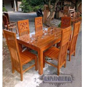 Meja makan 6 kursi kayu jati ukir dan kaca meja
