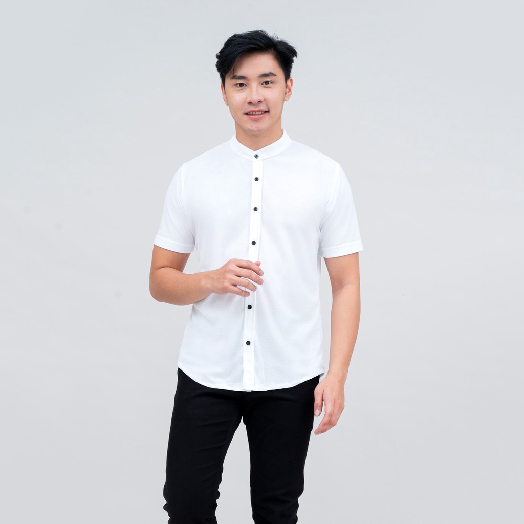 BROGUY Kemeja Pria Lengan Pendek Kerah Sanghai Casual Polos Slimfit Size M - XXL