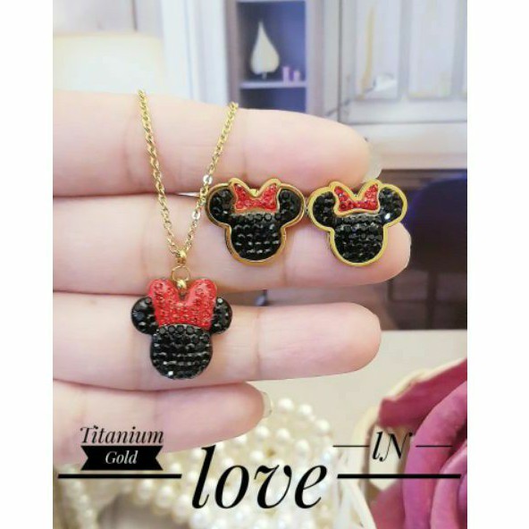 Set Perhiasan Titanium Kalung dan Anting Miki/Mini Mouse/ Kalung Wanita Fashion