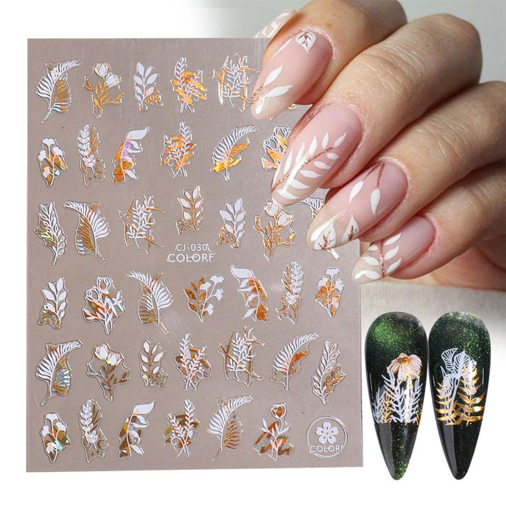 Solighter Stiker Nail Art Manicure Bunga Daun Shiny Gold White