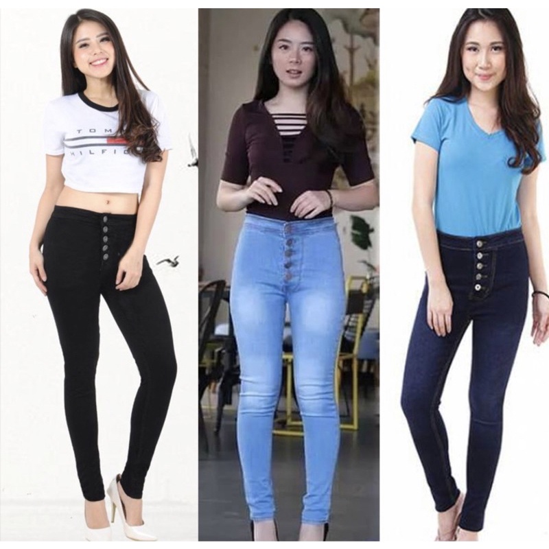 Jeans HighWaist Kancing 5 Skinny / Celana Panjang Wanita Pensil HW Jeans Kancing 5