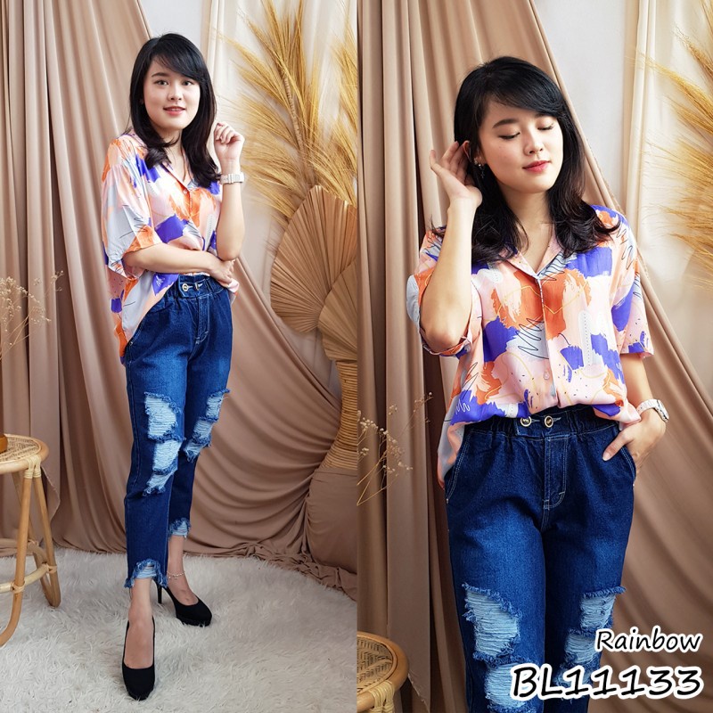 Kemeja wanita / cewek bahan rayon ukuran jumbo motif lucu bestseller fashion pergi jalan 11133-3