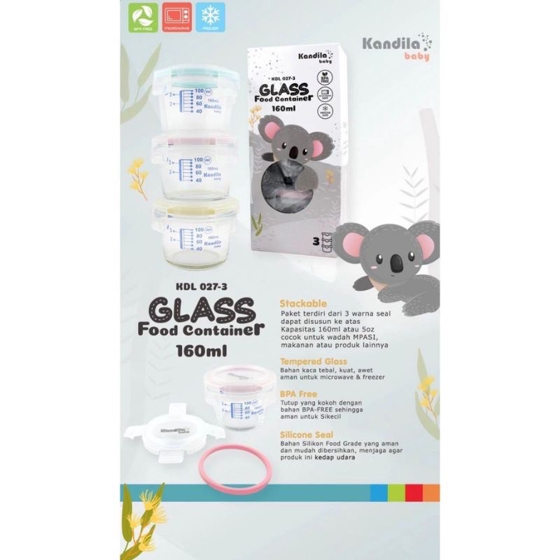 Kandila Bebewawa Glass Food Container 180ml 200ml KDL027-2 KDL027-3  KDL027-4 Box Wadah Simpan MPASI Bayi bahan Kaca + Penggaris Ukur Ml Takaran