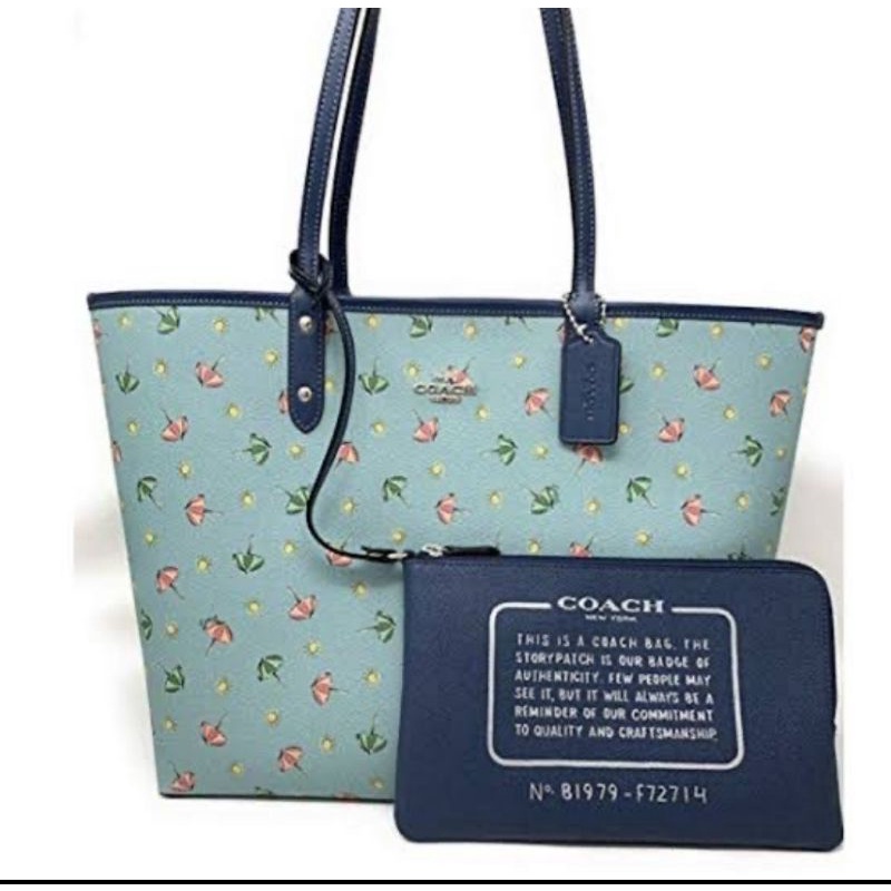 Coach Reversible City Tote Umbrella Print Midnight Seafoam Blue(72714)