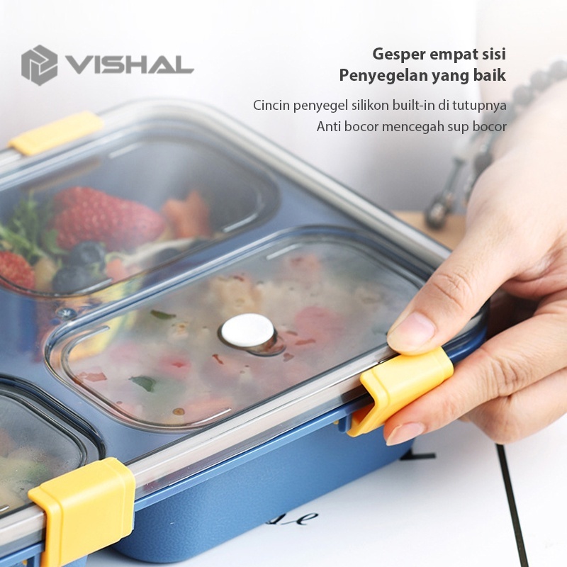 VISHAL 1250ml Kotak Makan 4 Grid Dengan Dengan Kotak Sup Dan Sendok Gratis Anti Tumpah Berbahan