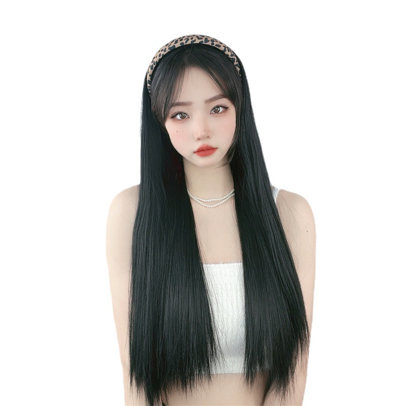 Wig Bando Cantik Wanita Motif Leopard Long Straight Natural Hair Korean Version