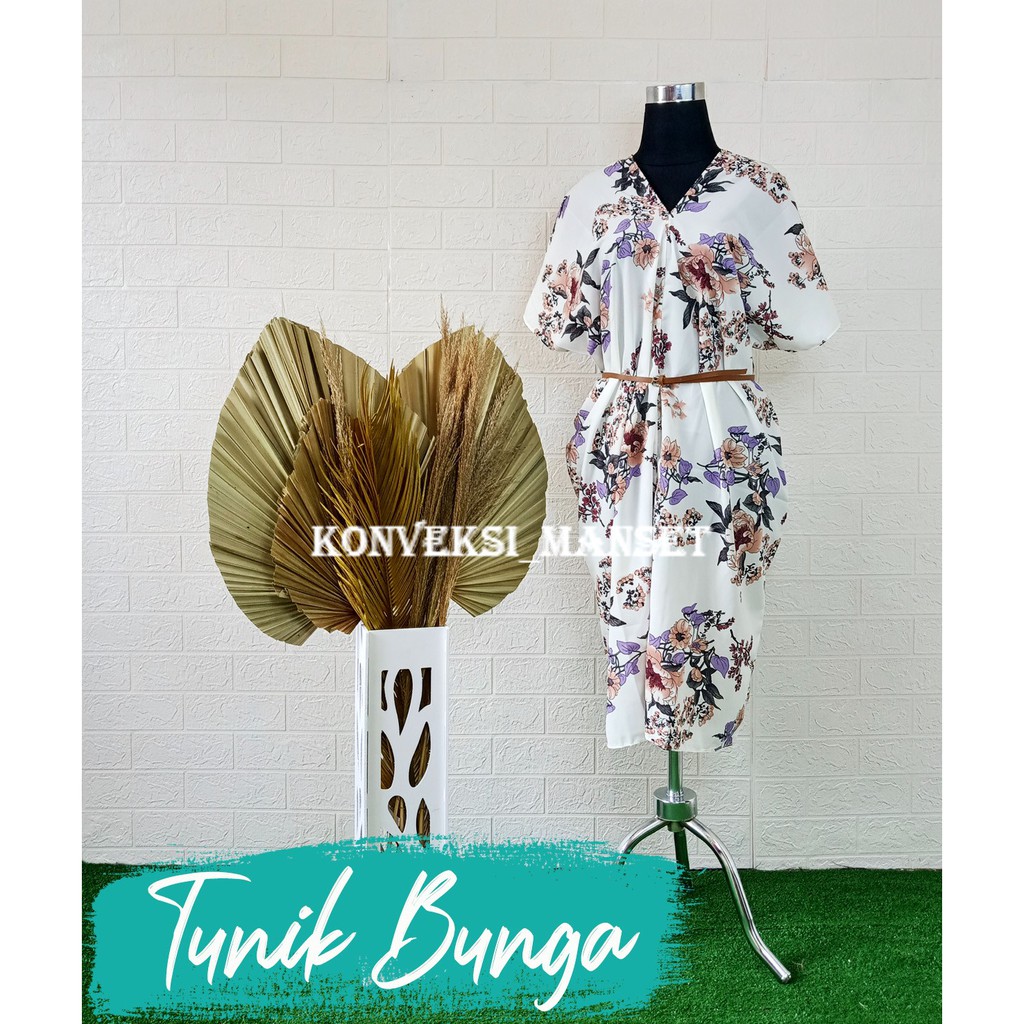 TUNIK WOLFIS V-NECK MOTIF BUNGA RIMBUN [ FREE BELT ]