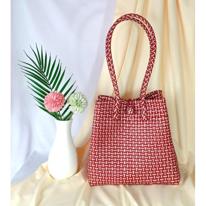TAS ANYAMAN JALI PREMIUM SIZE M LURIK MAROON TOTE BAG TAS WANITA HANDMADE
