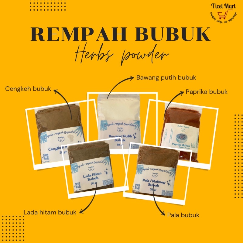 

50gr | Rempah bubuk | Herbs and spices powder | Rempah herbal bubuk kunyit jahe jinten adas manis kayu manis ketumbar paprika cabe rawit lada putih lada hitam cengkeh pala bawang putih pekak kapol ketumbar