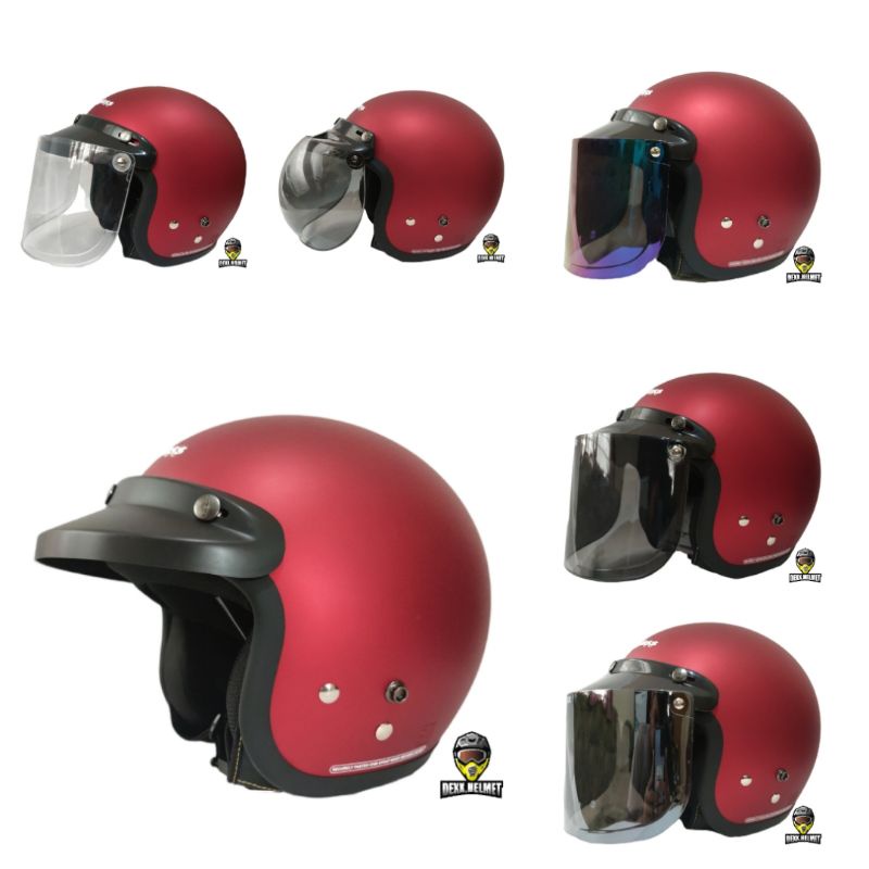 Helm Cargloss Retro Merah Doff Original Kaca Datar Flat Free Kardus