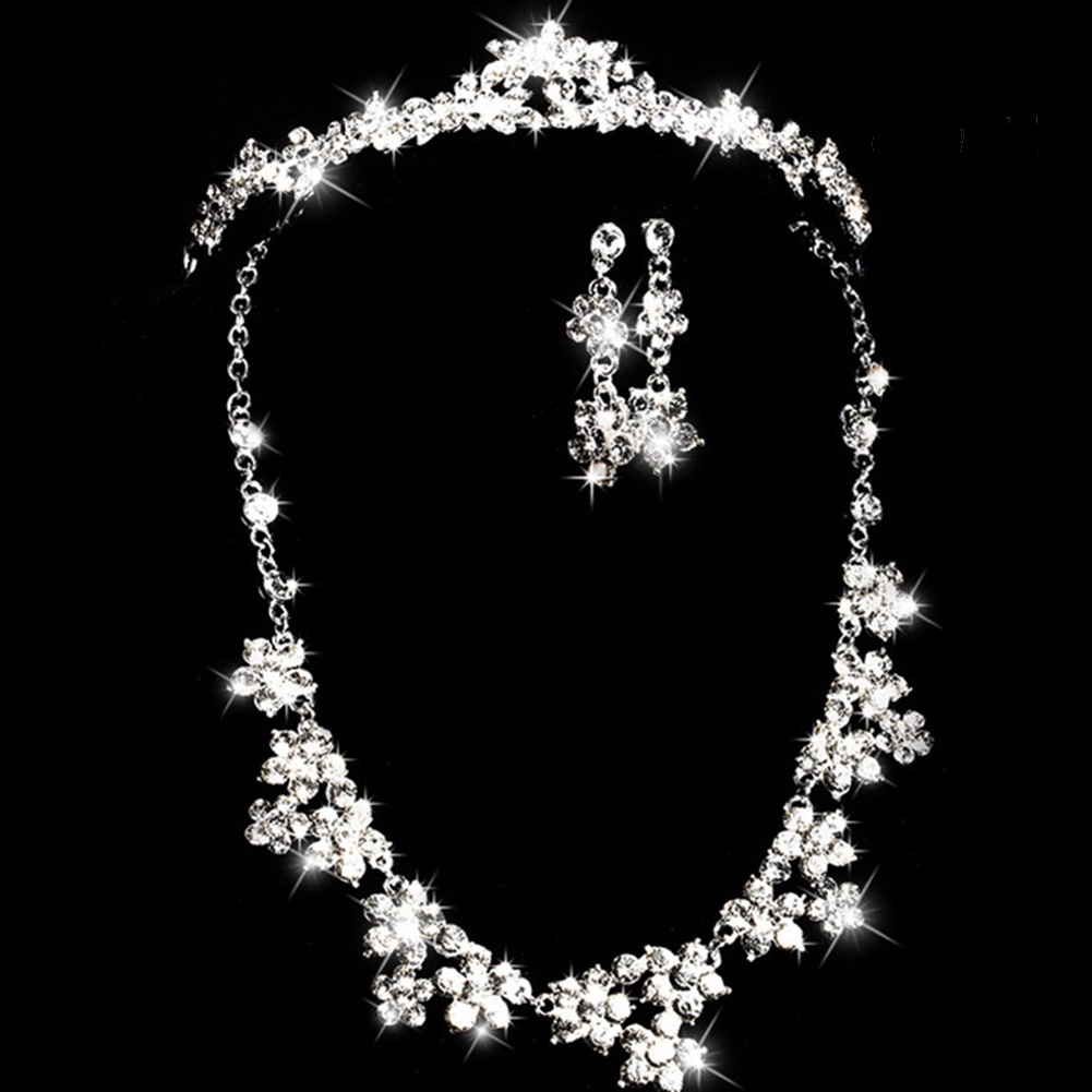 OW@ Luxury Rhinestone Inlaid Necklace Earrings Hair Crown Headwear Bride Jewelry