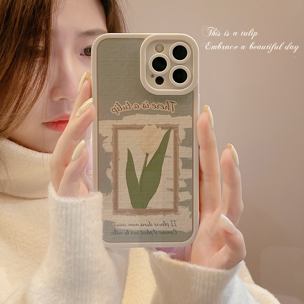 IPHONE Soft Case Handphone Bingkai Foto Tulip Putih Vintage Untuk Iphone7 8 PLUS X XR XS 11 12 13 14 MINI PRO MAX SE 2020 Cover