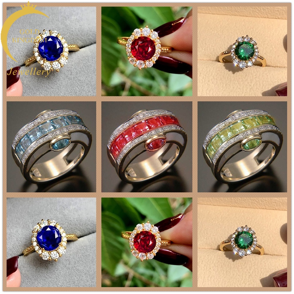 Cincin Lapis Emas Hias Berlian Zamrud Biru Merah Gaya Korea