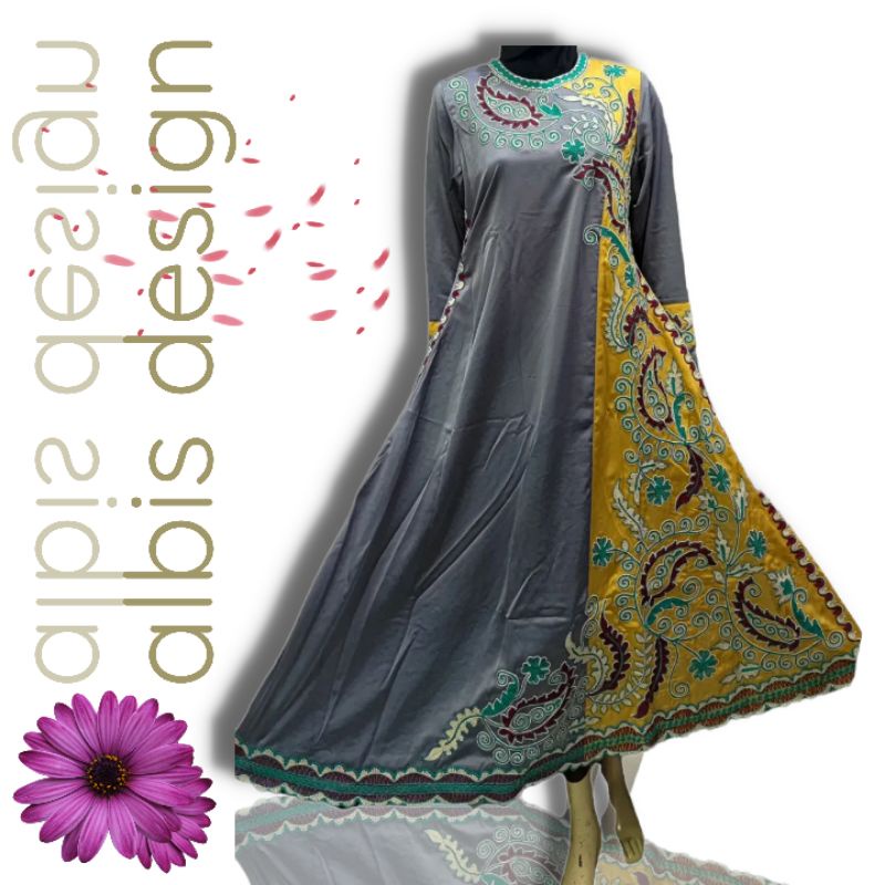 Gamis Albis Corneli Bordir Timbul kombinasi Abu Kuning