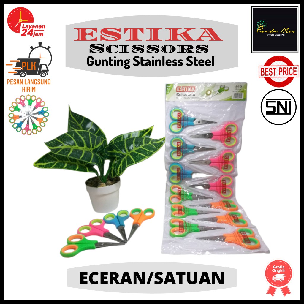 Gunting Kertas Kecil Stainless Merek Estika Warna Neon Eceran/Satuan Murah Original