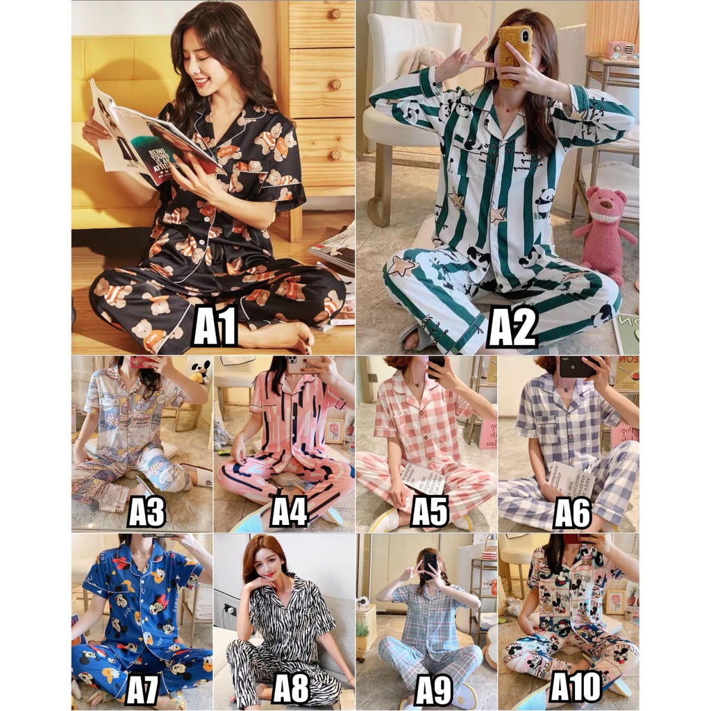 Baju Tidur Piyama Set/Piyama Wanita Import/Baju Piyama Lengan Pendek/Short Sleep Wear A1-A10-1