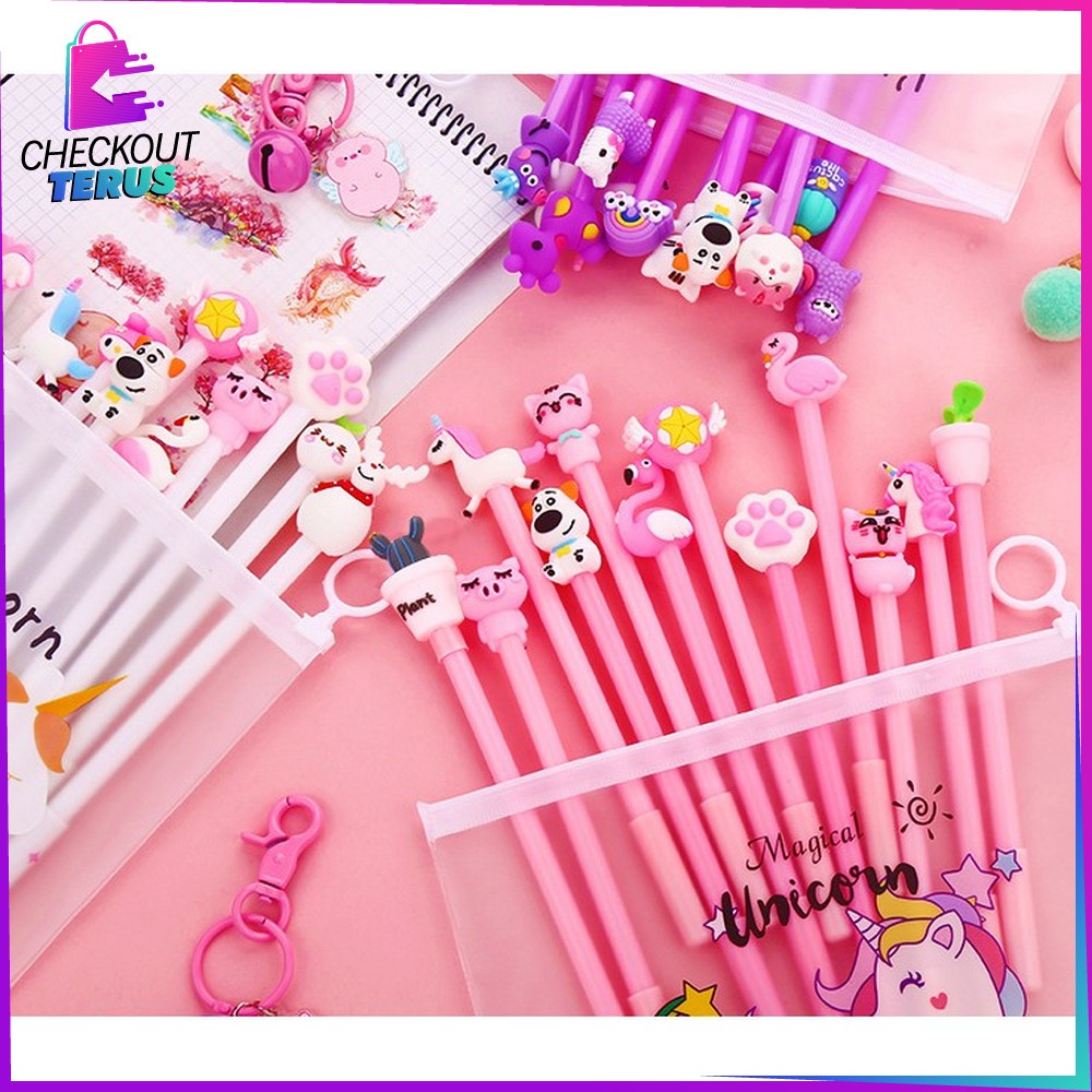 CT A15 Pulpen Gel Karakter Lucu Set Isi 20PCS Pulpen dengan Tempat Pensil Transparan Alat Tulis Stastionary Pena FREE Zipper Pouch