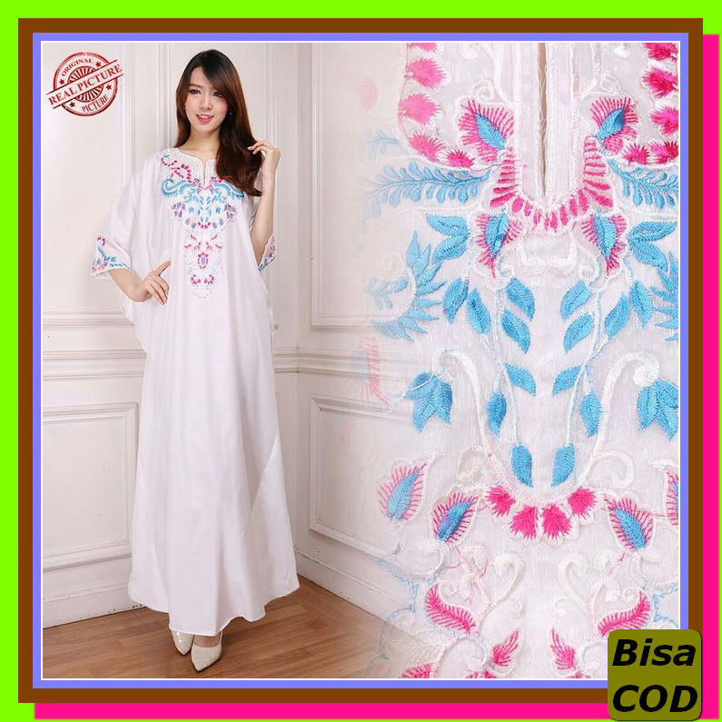 Baju Gamis Muslim Terbaru 2020 2021 Model Baju Pesta Wanita Kekin HF499 Kaftan Putih Bordir Birupin