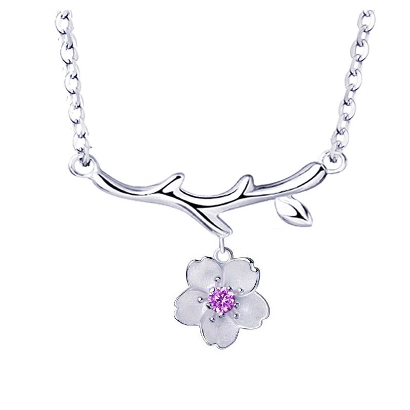 [Ready Stock]Fashion Pink Diamond Purple Diamond Cherry Blossom Necklace Flower Branch Pendant