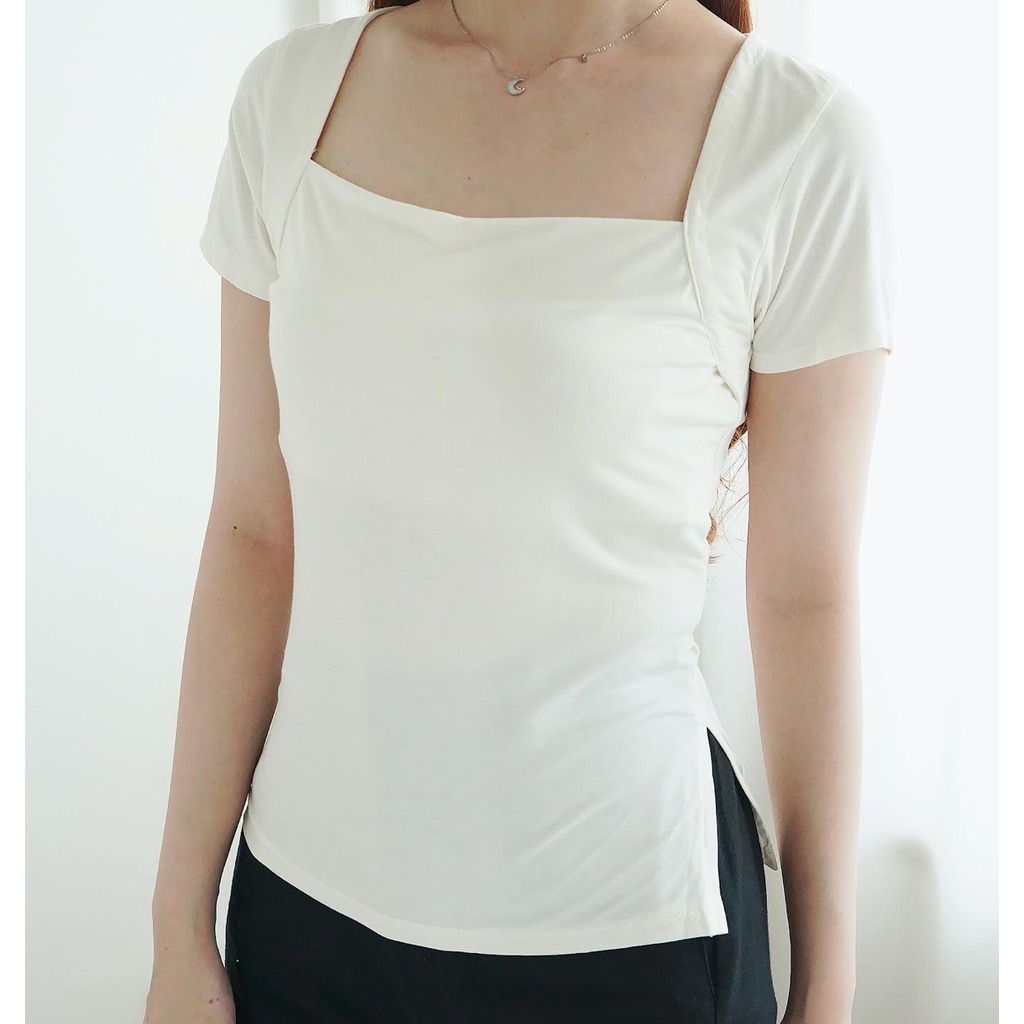 Korean Top Baju Kaos Atasan Wanita Plain Tshirt Square NecK Top 064