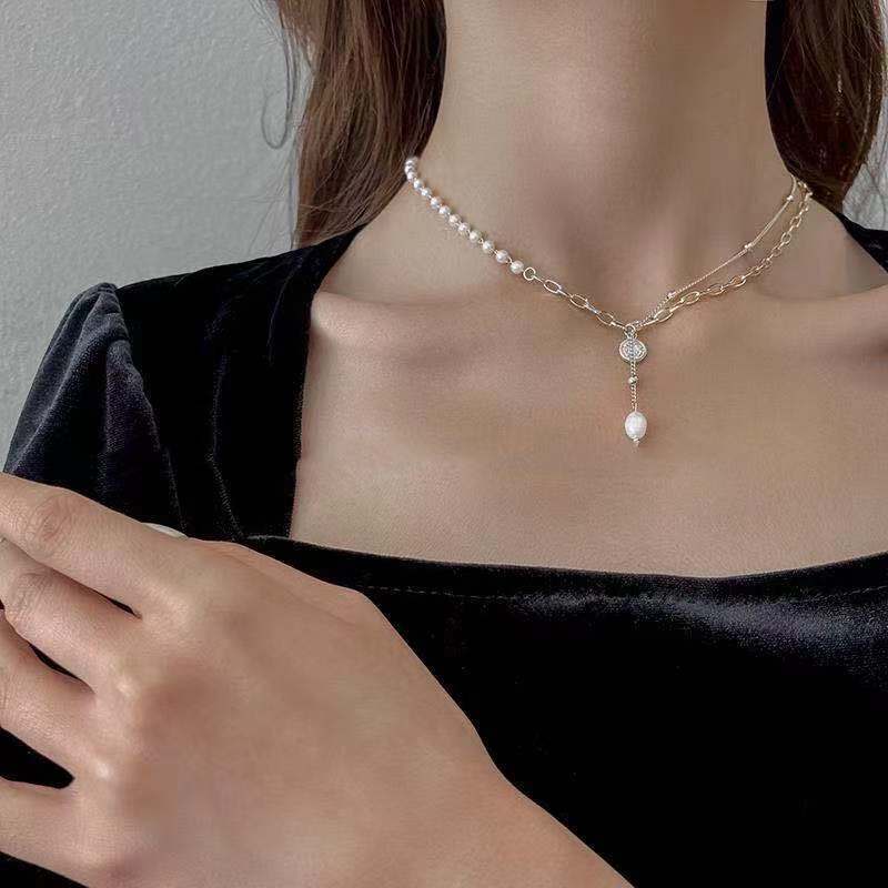 Gaya Korea sederhana kalung gaya dingin elegan mutiara liontin kalung kalung pribadi berkilau kalung