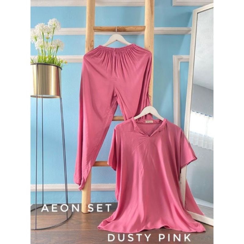AEON ONE SET POLOS RAYON LENGAN PENDEK BUSUI ALL SIZE-Pink dusty
