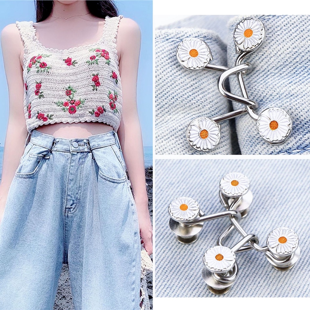 Diskon Shop - 5495 Kancing Pengecil Jeans / Kait Pengecil Lingkar Pinggang Celana / Kancing Jeans Adjustable Motif Bunga Daisy