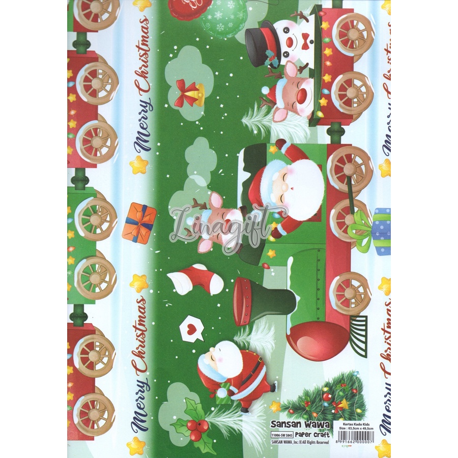 ( 5 Lembar ) XMAS SANWA - KERTAS KADO NATAL / CHRISTMAS / KADO / GIFT WRAP PAPER SANSAN WAWA SANTA / SNOWMAN / POHON NATAL / RED / GREEN / GOLD