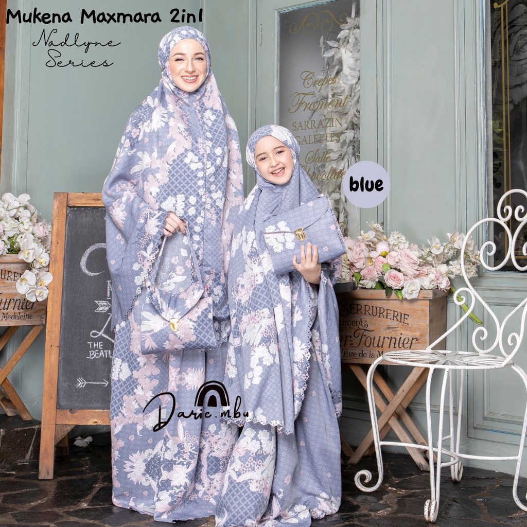 Mukena Couple Ibu dan Anak Maxmara Luxury 2in1 Printing Premiun Laser Cut Mewah Tas Sajadah