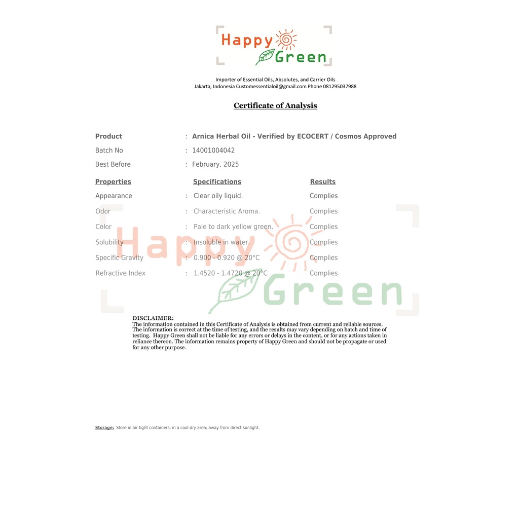 Bersertifikat Happy Green Arnica Oil - Minyak Arnica Terstandar