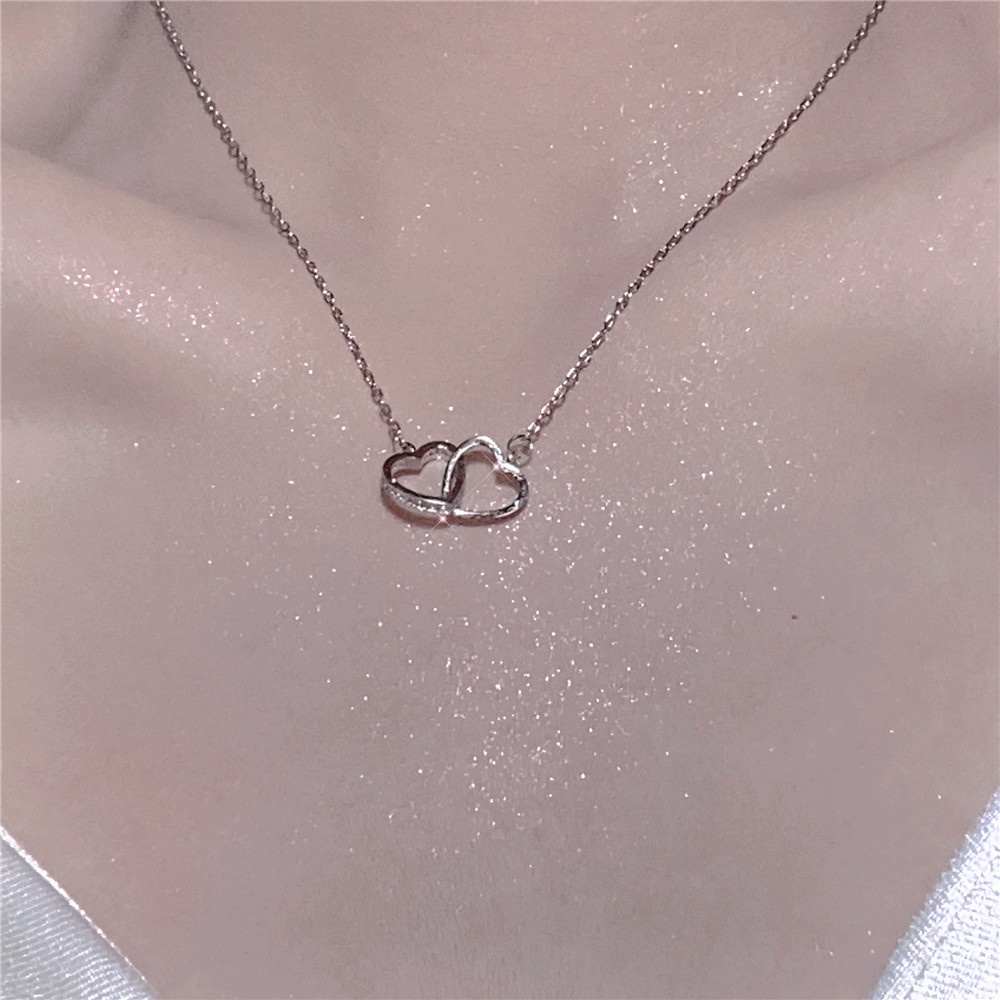 Kalung Rantai Model Double Layer Desain Hati Warna Silver Gaya Korea Untuk Wanita