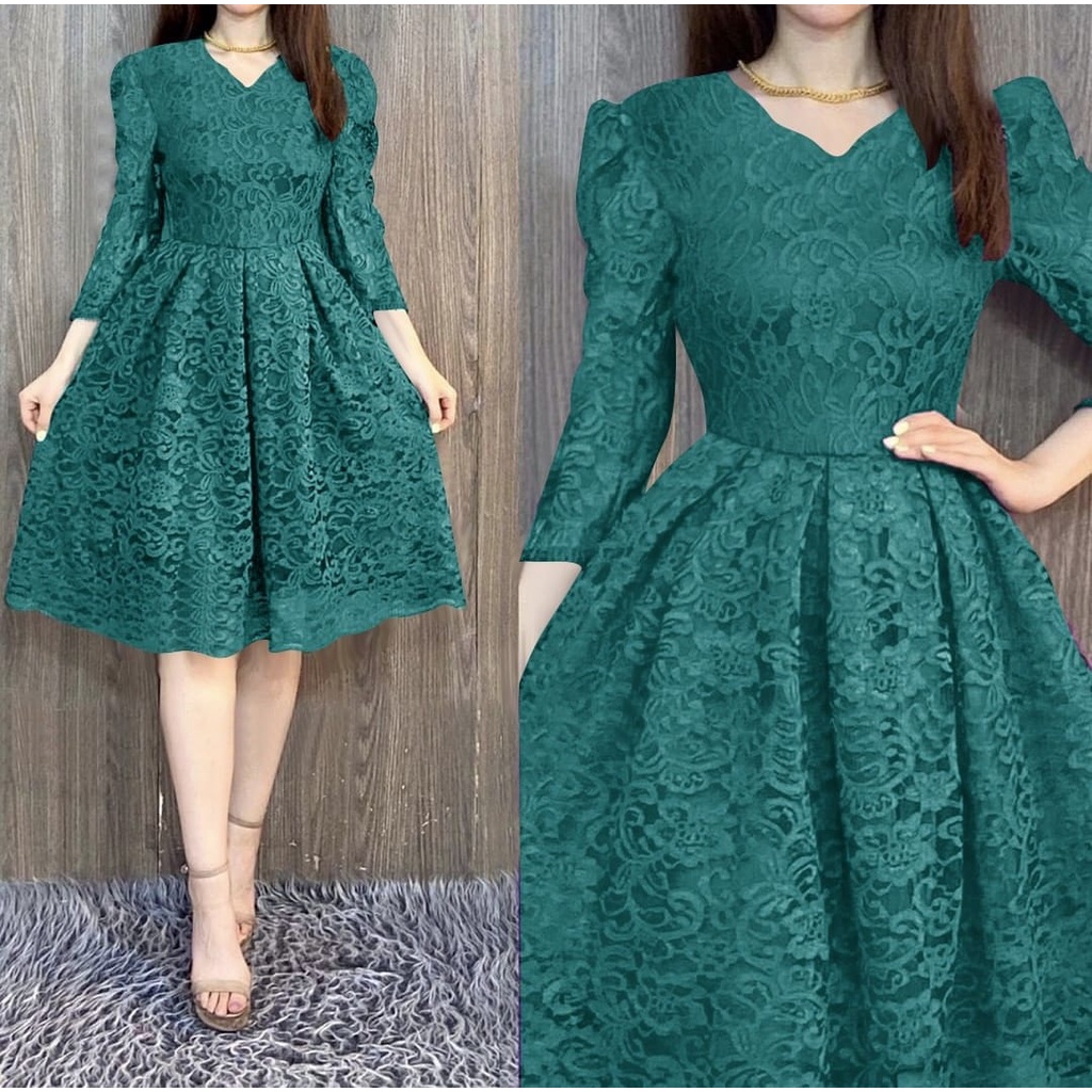 REALPIC 3 UKURAN M L XL DRESS AGNES FASHION PAKAIAN WANITA DRESS GAUN MIDI BRUKAT LAPIS FURING KR