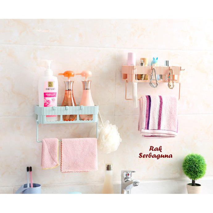 Promo Rak Serbaguna, Dilengkapi Gantungan Handuk, Tanpa Paku, Tanpa Bor Ready