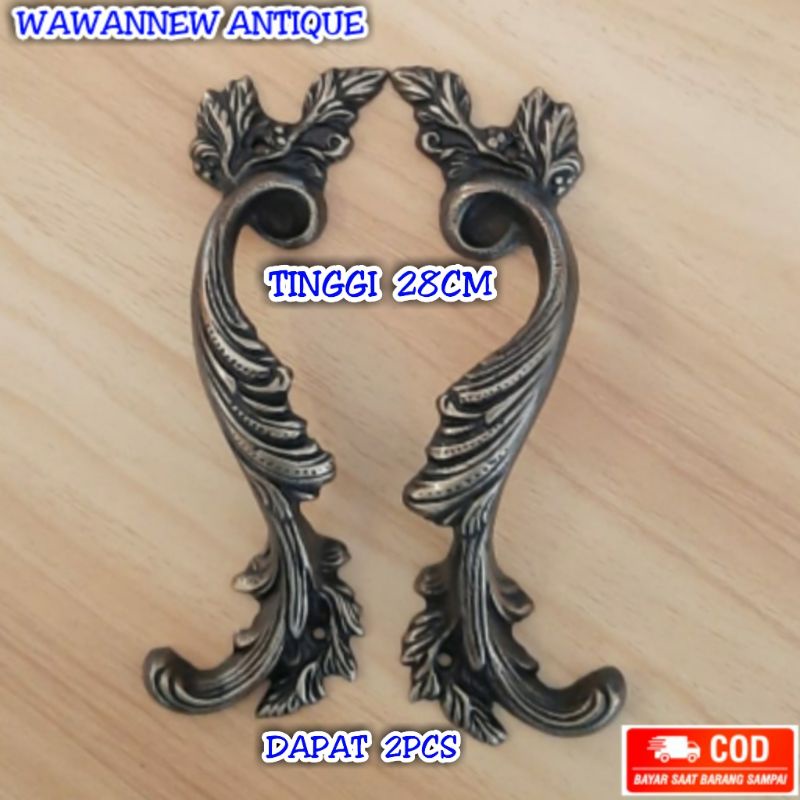 Handle Pintu / Gagang Pintu Rumah Pagar Kuningan Antik Motif Cakar Daun AB 28cm